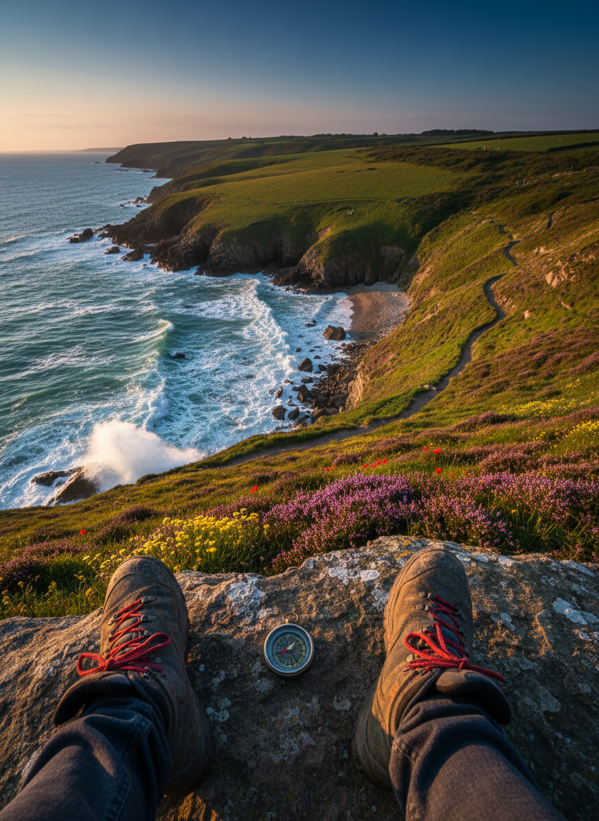 A panoramic view from the edge of a dramatic coastal cliff path, the foreground featuring a sturdy pair of muddy hiking boots and a small, scuffed metal compass resting on a weathered rock. Below, turquoise waves crash against jagged rocks, and in the distance, a winding trail disappears into rolling green hills dotted with wildflowers. Late afternoon sunlight creates a golden rim light around the boots and compass, with crisp, vibrant colors and deep contrast. Shot from a low, adventurer’s-eye angle, using photographic realism and a wide-angle lens feel to emphasize scale and freedom. The mood is bold, playful, and encouraging, perfect for an adventure-focused travel guide page.