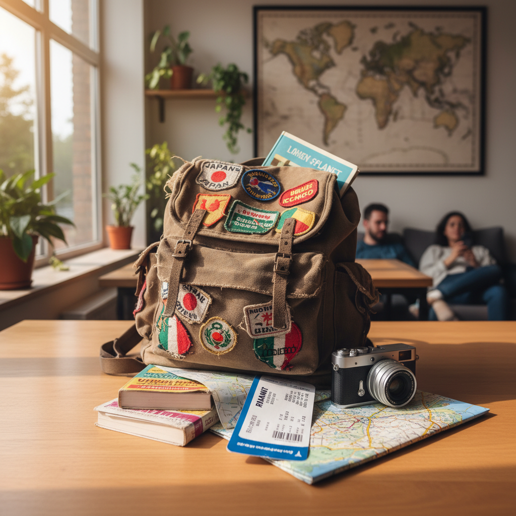 A well-worn vintage canvas backpack with colorful fabric patches from different countries, resting open on a light wooden table in a cozy hostel common room. Guidebooks, a folded city map, a budget airline boarding pass, and a compact mirrorless camera spill out in an artful arrangement. Soft morning light from a nearby window washes across the scene, casting gentle, elongated shadows and emphasizing textures in the fabric and paper. In the blurred background, you can glimpse a world map on the wall and potted plants. Photographic realism, shot at eye level with a shallow depth of field, playful and inviting mood, perfect as a hero image for a travel guide blog about personal journeys and budget adventures.