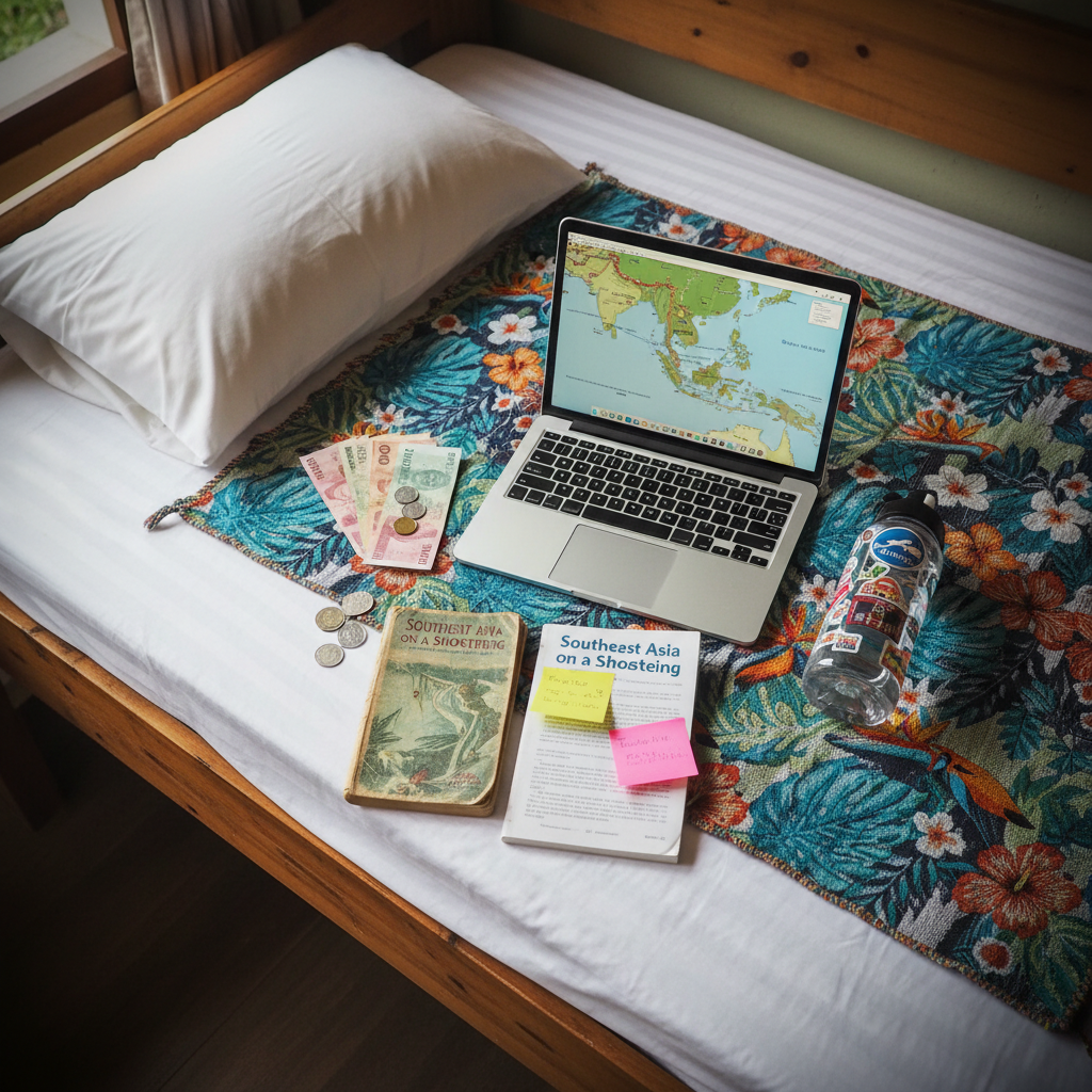An overhead view of a rustic wooden hostel bunk, neatly made with crisp white sheets and a brightly patterned throw blanket suggesting a tropical destination. On the bed rest a slim laptop showing a map, a small stack of local currency and coins, a frayed paperback guidebook with sticky notes, and a reusable water bottle with travel-themed stickers. Soft, diffused afternoon light filters through a nearby window, creating a calm, practical atmosphere that highlights budget-travel planning. Photographic realism with a clean, modern aesthetic, strong top-down composition, and subtle vignetting around the corners to draw the eye toward the central objects, conveying resourceful, playful adventure on a budget.