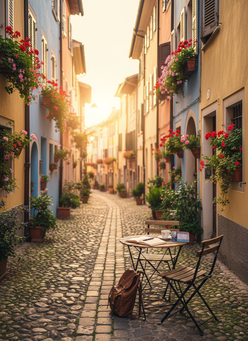 A sunlit cobblestone alley in a historic European town, framed by pastel-painted buildings with peeling shutters and window boxes overflowing with flowers. At the center of the alley, a small wooden café table holds an open notebook, a pen, a simple ceramic coffee cup, and a folded transit day-pass, hinting at a budget-conscious traveler’s planning session. Warm golden hour light pours in from the far end of the alley, creating a glowing path and long, soft shadows. The atmosphere feels playful and curious, inviting exploration. Photographic realism with a slightly elevated angle and rule-of-thirds composition, sharp foreground details and gently blurred background, ideal for illustrating destination guides and slow, authentic travel.