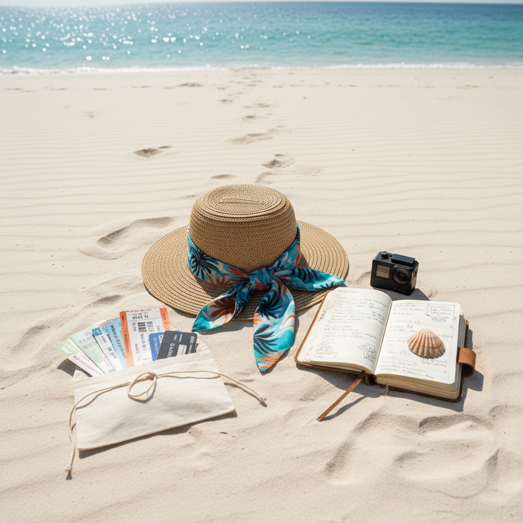 A minimalist flat lay on a pale sandy beach: a wide-brimmed straw hat with a playful patterned scarf tied around it, a weathered travel journal half-open with a small seashell marking a page, a compact action camera, and a simple fabric envelope of neatly organized bus tickets and hostel keycards. The sand shows faint footprints leading toward a shimmering turquoise shoreline in the background. Soft, bright midday sunlight creates clean, crisp shadows and sparkling highlights on the water. Photographic realism with a top-down composition that gradually falls off into a subtly blurred horizon. The mood is lighthearted, spontaneous, and carefree, perfectly capturing sunny seaside escapes and thoughtful, budget-friendly travel planning.