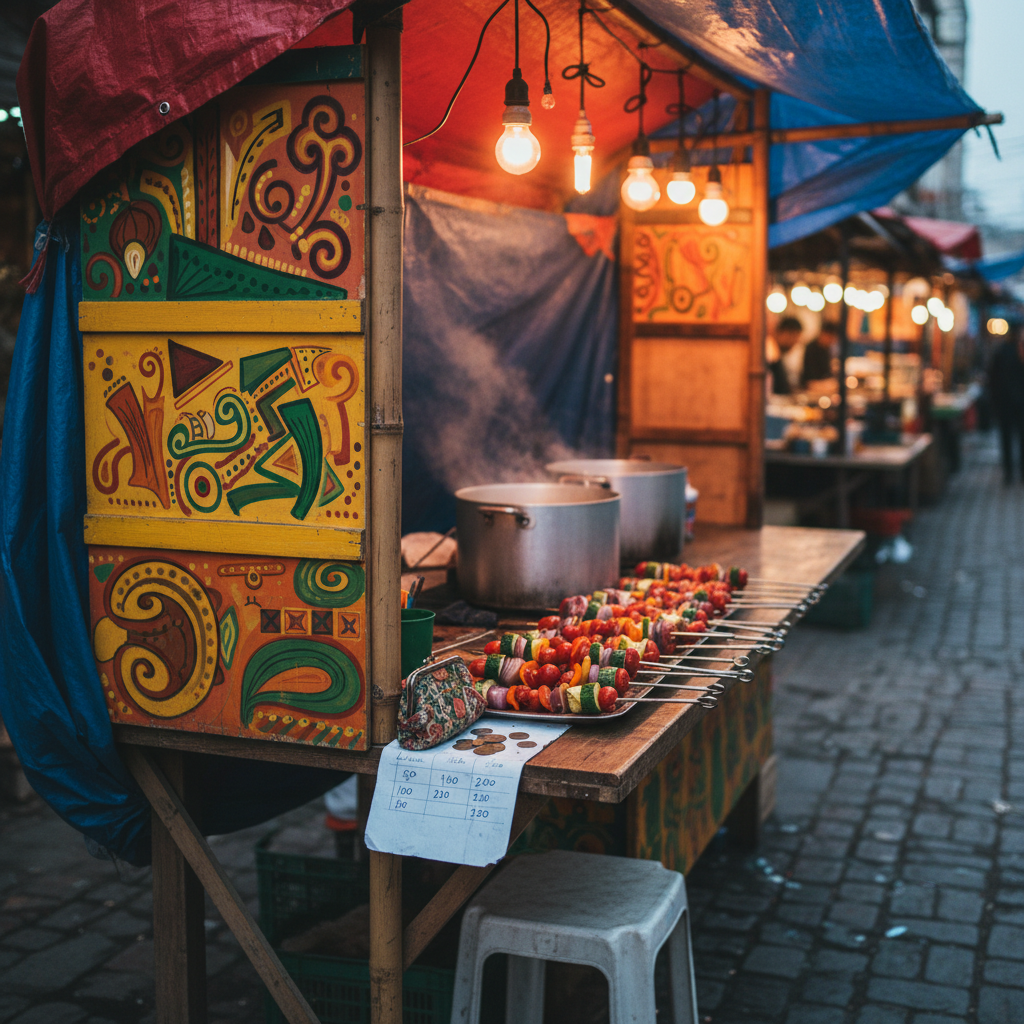 A colorful street food stall in a bustling market, with no people visible, only the vibrant details: neatly arranged skewers of grilled vegetables, steaming metal pots, bright hand-painted signs without text, and a simple plastic chair pushed under a narrow counter. A small, well-used coin purse and a crumpled paper price list with numbers only hint at budget-friendly eating. Overhead, diffused evening light from exposed bulbs casts a warm, inviting glow, mixing with cooler ambient light from the open street beyond. Photographic realism with a slightly off-center composition, shallow depth of field blurring the distant stalls. The atmosphere feels playful, sensory, and authentic, ideal for illustrating cultural moments and budget travel tips.